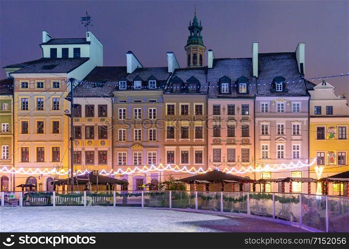 Old Town Market Place with colorful houses during morning blue hour, Warsaw, Poland.. Old Town Market Place in morning, Warsaw, Poland.