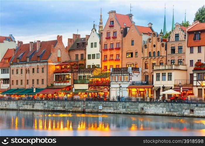 Old Town of Gdansk, Dlugie Pobrzeze and Motlawa River at evening, Poland