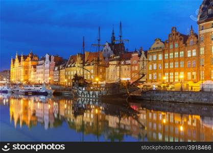 Old Town of Gdansk, Dlugie Pobrzeze and Motlawa River at night, Poland