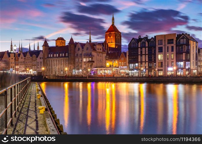 Old Town of Gdansk, Dlugie Pobrzeze, Bazylika Mariacka or St Mary Church, City hall and Motlawa River at sunset, Poland. Old Town and Motlawa River in Gdansk, Poland