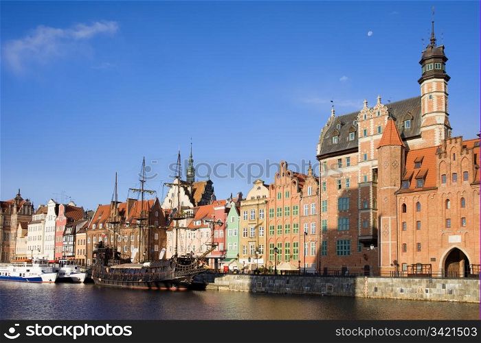 Old Town of Gdansk waterfront by the river Motlawa in Poland