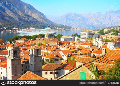 Old Town of Kotor and cruise ship in the bay. Montenegro