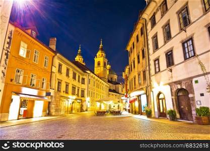 Old town of Ljubljana colorful street and architecture evening view, capital of Slovebia