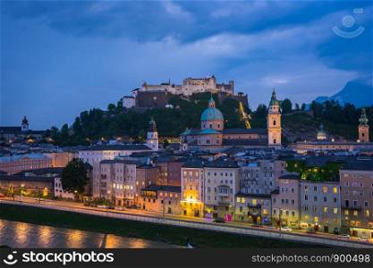 Old town of Salzburg in Austria at night.