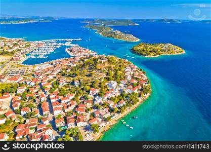 Old town of Tribunj and archipelago of central Dalmatia aerial view, Adriatic coast of Croatia