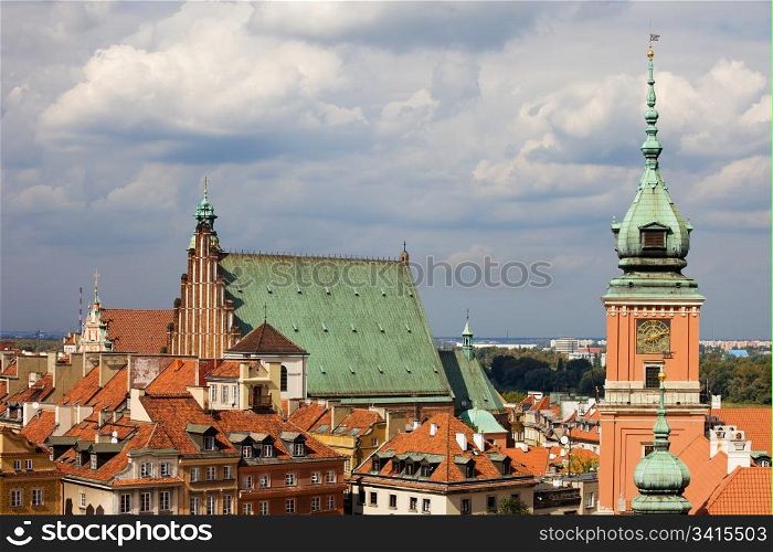 Old Town (Polish: Stare Miasto, Starowka) in Warsaw, Poland, on the right clock tower of the Royal Castle
