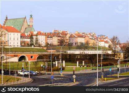 Old Town skyline with street junction in the foreground in the city of Warsaw, Poland