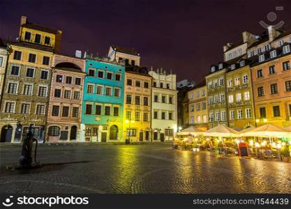 Old town sqare in Warsaw at night in Poland