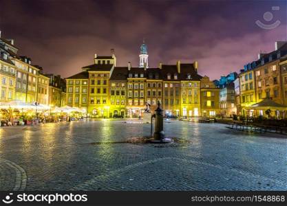 Old town sqare in Warsaw at night in Poland