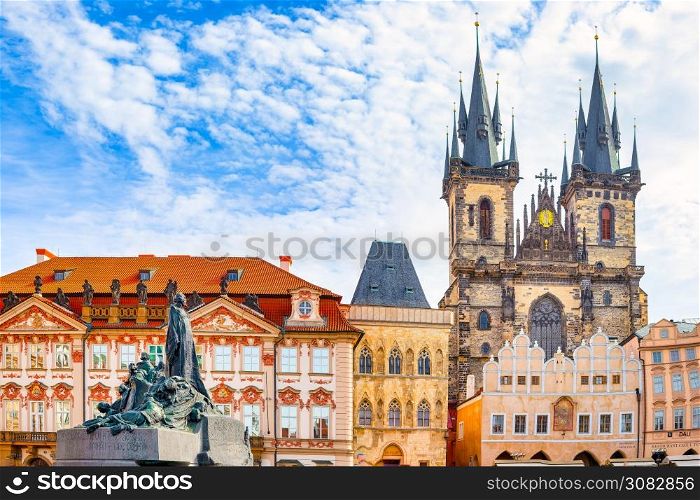 Old Town Square of Prague witch Church of St. Mary of tyn and the Statue of Jan Hus in