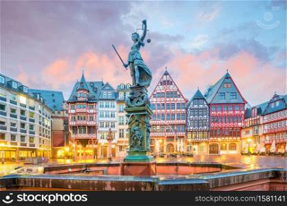 Old town square romerberg in Frankfurt, Germany at twilight