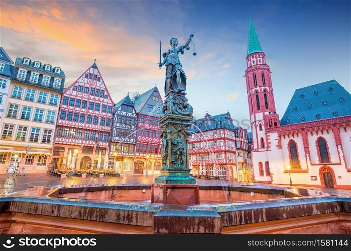 Old town square romerberg in Frankfurt, Germany at twilight