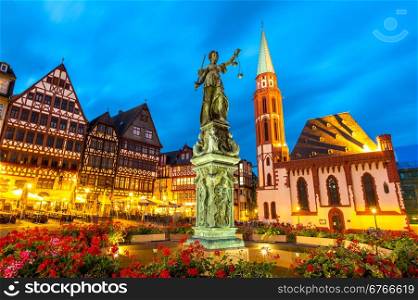 old town square romerberg with Justitia statue in Frankfurt Germany