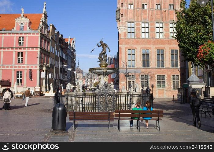 Old Town square with the Neptune Fountain in the city of Gdansk (Danzig), Poland