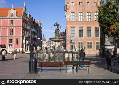 Old Town square with the Neptune Fountain in the city of Gdansk (Danzig), Poland