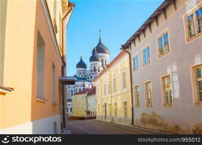 Old Town street leading to Alexander Nevsky Cathedral. Talinn, Estonia