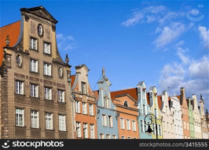 Old Town tenement houses residential architecture in the city of Gdansk, Poland, composition with copyspace