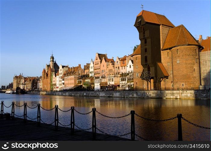 Old Town waterfront along the river Motlawa in Gdansk, Poland, on the right side of the image The Crane (Polish: Zuraw)
