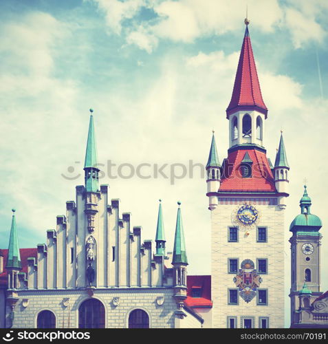 Old Townhall at Marienplatz in Munich, Bavaria, Germany. Retro style filtered image