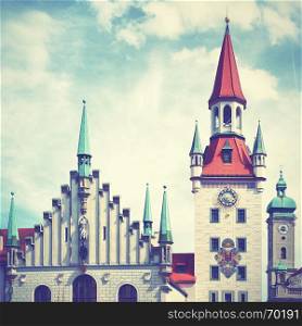 Old Townhall at Marienplatz in Munich, Bavaria, Germany. Retro style filtered image