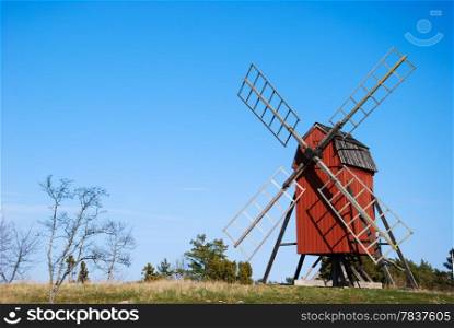 Old traditional windmill at the swedish island Oland