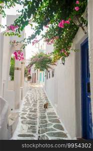 Old traditional windmills over the town of Mykonos.. Traditional greek village. Streets and white houses