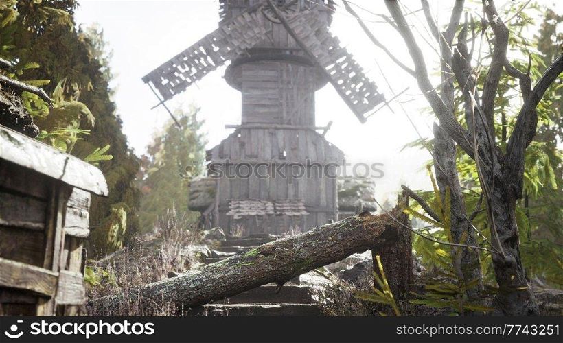 old traditional wooden windmill in the forest
