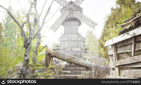 old traditional wooden windmill in the forest