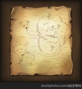 Old treasure map on wood background. Vector, EPS10.