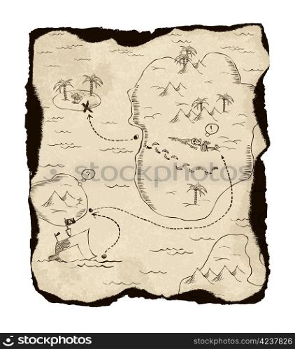 Old treasure map with burned edges. On white background, vector illustration.