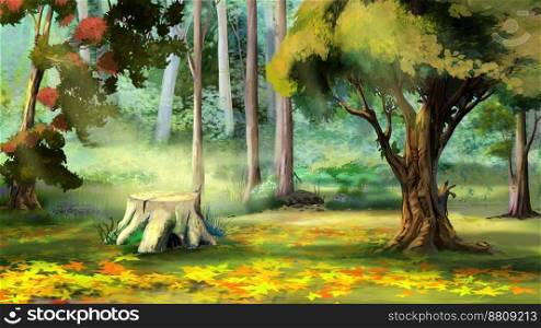Old Tree Stump in the Autumn Forest. Digital Painting Background, Illustration. Beautiful view of Old Tree Stump in the Autumn Forest. Digital Painting Background, Illustration.. Tree stump in a forest Illustration