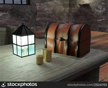 Old trunk with lanterna and money, 3d rendering