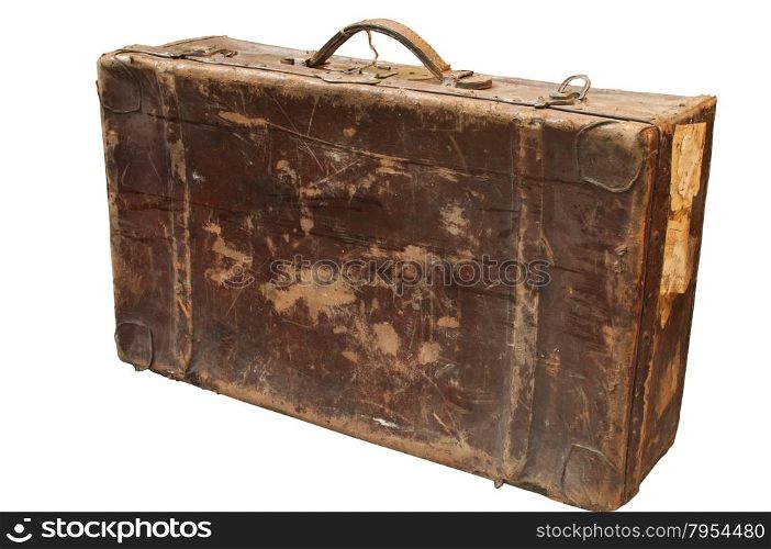Old used weathered vintage grunge suitcase isolated on white background