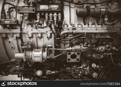 Old vintage airplane engine closeup view. Industrial black and white background. Old vintage airplane engine. Black and white photo
