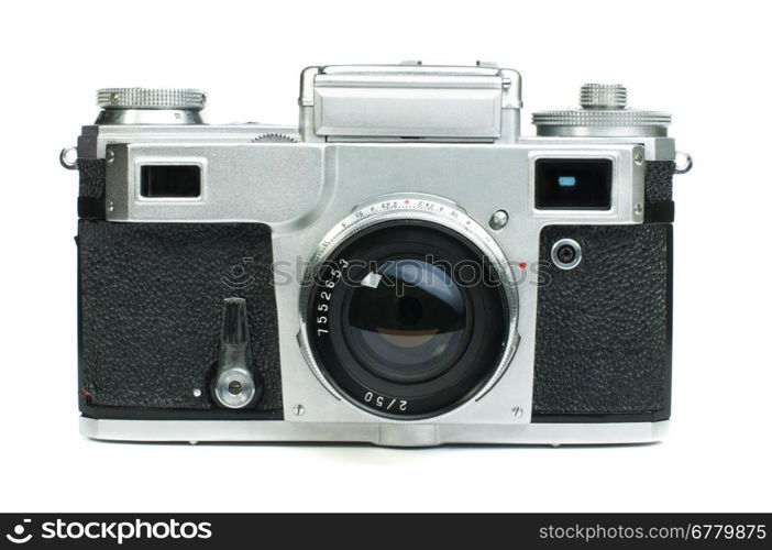 Old vintage camera white isolated. Studio shot