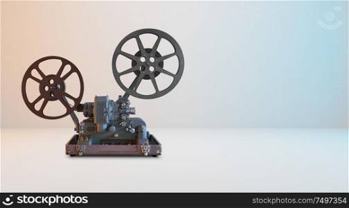 Old vintage cinema movie projector with white background .