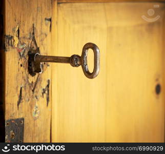 Old vintage key in a well worn wooden door lock