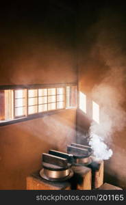 Old vintage kitchen with stove room in Japanese Samurai house in Sakura city, famous Edo Samurai village near Tokyo.