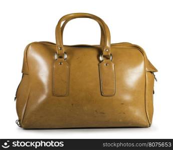 Old vintage luggage brown bag. White isolated