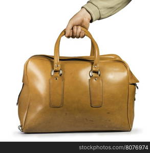 Old vintage luggage brown bag. White isolated