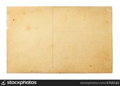 Old vintage postcard isolated on white. Reverse side. Close up. Top view