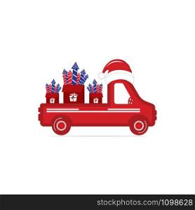 Old vintage red Christmas truck with fireworks and Santa hat. Vector illustration of an old vintage truck carrying fireworks.