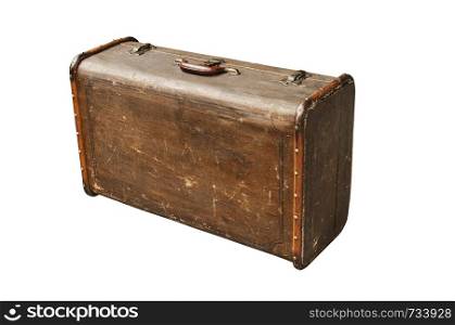 Old vintage retro weathered grunge suitcase isolated on white background