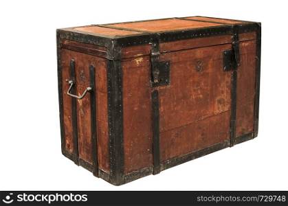 Old vintage retro wooden chest with iron strapping isolated on white background