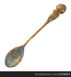 Old vintage small brass spoon with green patina isolated on white background