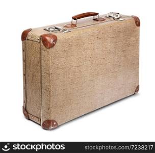 Old vintage suitcase front left isolated on white