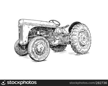 Old vintage tractor digital pen and ink illustration. Tractor was made in Dearborn, Michigan, United States or USA from 1939 to 1942 or 30's to 40's.. Cartoon or Comic Style Drawing of Old or Vintage Red Tractor