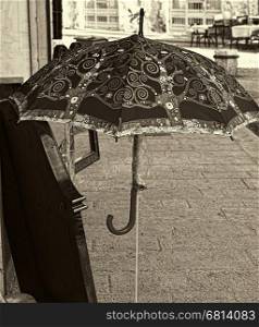 Old Vintage Umbrella on the Street of Jaffa in Israel. Black and White Photo
