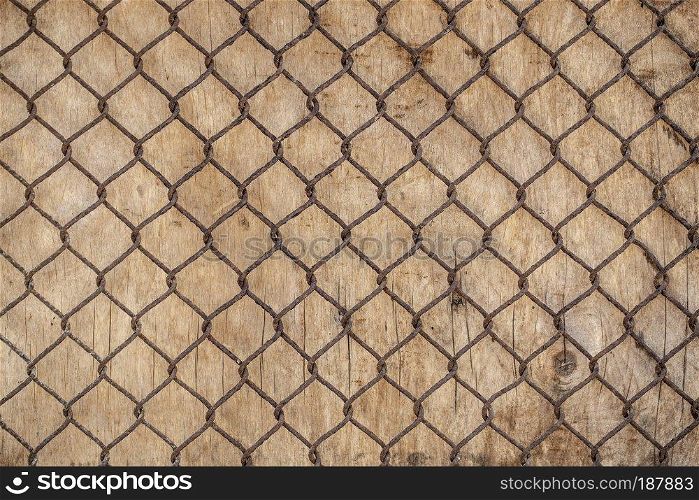 Old Vintage Wood Panel With Iron Cellular Pattern Horizontal Background 