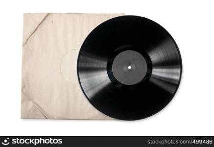 Old vinyl record in a paper case isolated on white background